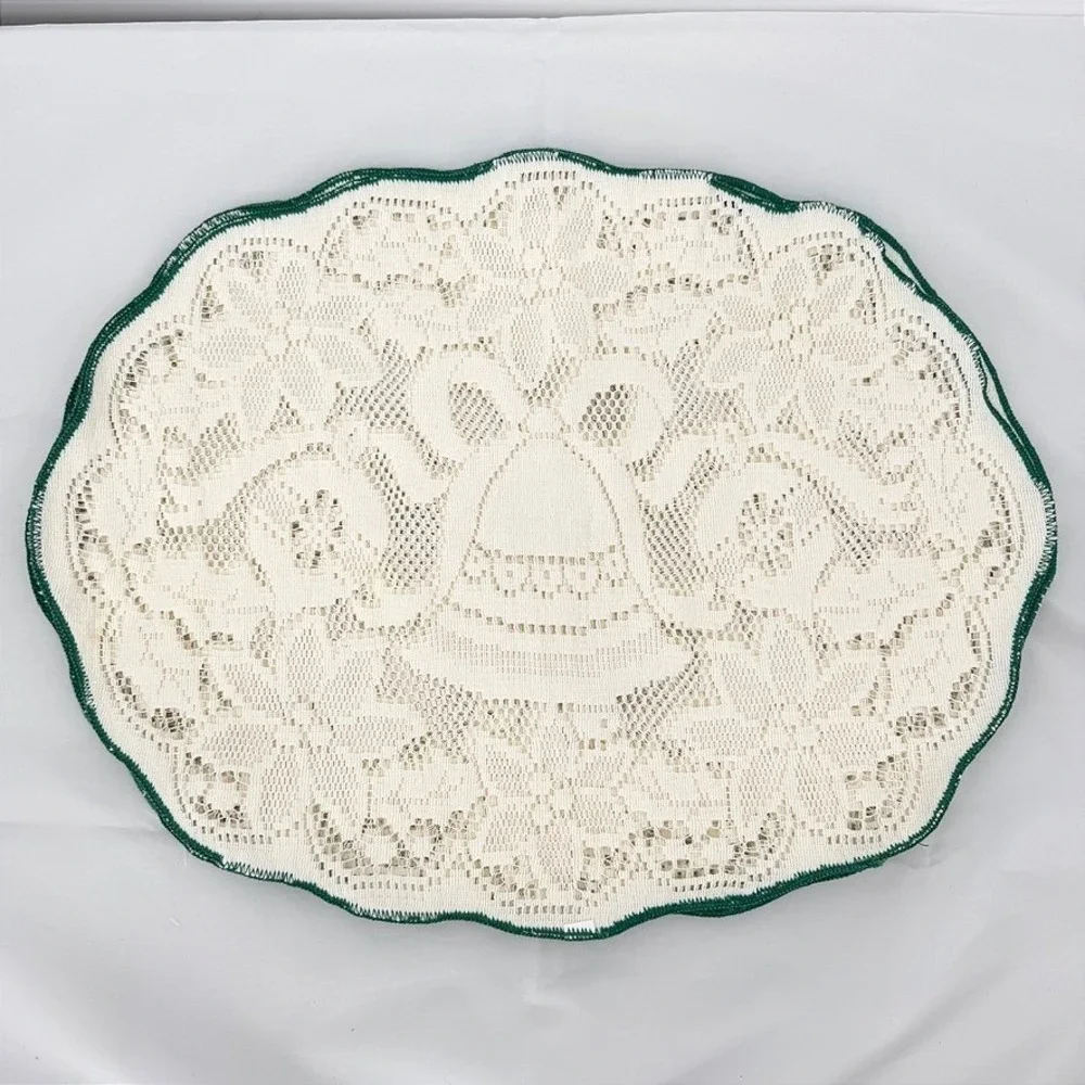 Placemats Set of 6 Christmas Bell Lace Cream Green Trim Holiday Cottage Core